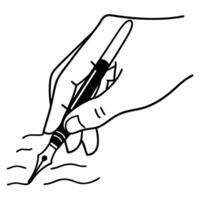 Hand holding fountain pen making smooth flowing lines creative writing, calligraphy, sketching concept, black outline illustration vector