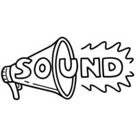 Megaphone amplifying sound, communication concept loudspeaker spreading voice, black and white line art illustration vector
