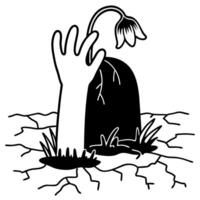 Withered flower atop grave and rising hand symbolic illustration of death, despair, decay, loss, resurrection, broken ground vector