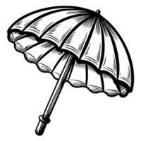 Vintage sketch of an open beach umbrella with scalloped edges, hand drawn black and white illustration, summer shade concept vector
