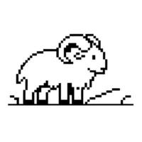 Pixel art mountain goat with curved horns standing on rocky terrain retro monochrome wild animal, minimal digital vector