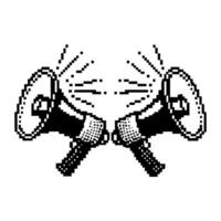 Pixel art megaphones broadcasting sound retro black and white loudspeakers, communication, announcement or alert symbol vector