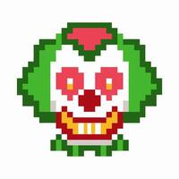 Pixel clown face illustration with vibrant green hair, red nose, retro digital style, creepy smiling expression vector