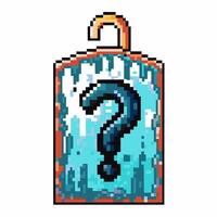 Pixel art question mark on hanging sign retro videogame mystery icon with blue background and orange accents vector