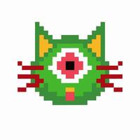 Pixel art green cat face with single large red eye minimalist geometric design, digital retro animal illustration vector
