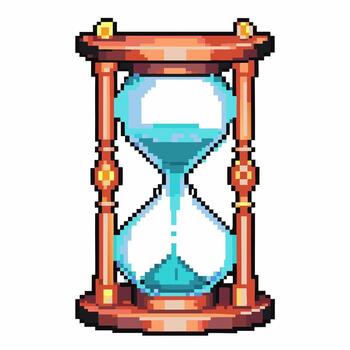 Pixel art hourglass icon with flowing blue sand retro timer symbol for countdown, game interface, or time management concept vector