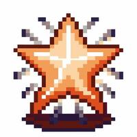 Golden pixel art star trophy with shining rays and wooden base retro digital award icon for achievement or victory reward vector