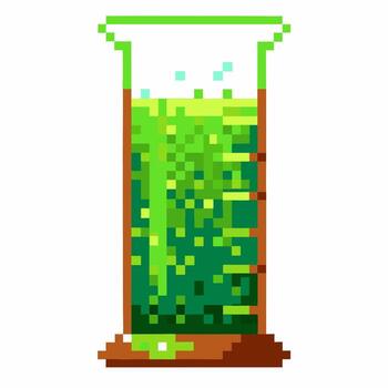 Pixel art illustration of a green bubbling liquid in a transparent beaker laboratory science experiment in retro 8 bit vector