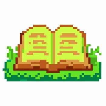 Pixel art open book on green grass retro digital illustration, nostalgic 8 bit design, reading, learning, education concept vector