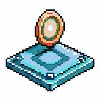 Retro pixel art coin and platform digital game asset, vintage icon, collectible gold currency, isometric blue base sprite vector