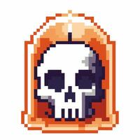 Pixel art skull inside glowing orange bell jar retro 8 bit icon symbolizing danger, death, game, fantasy, warning vector