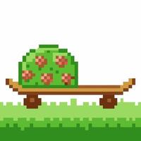 Pixel art succulent plant in rectangular pot on shelf, green foliage with pink flowers, retro 8 bit nature game vector