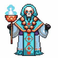 Pixel art skeleton mage in blue cloak holding staff vintage fantasy character, retro game wizard design, undead magic sorcerer vector