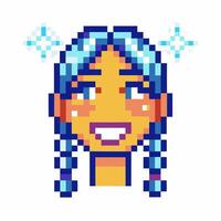 Smiling girl face with blue pigtails, pixel art expressive emotions, sparkling eyes, joyful retro gaming character vector