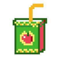 Pixel art green apple juice box with yellow straw retro 8 bit drink illustration, colorful fruity beverage, digital minimal vector