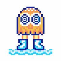 Retro pixel art owl character standing on icy platform, big blue boots, retro gaming style, digital design inspiration vector
