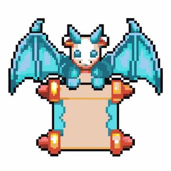 Fantasy pixel art dragon perched on scroll parchment blue winged creature with horns, gaming ui design, retro 8 bit vector