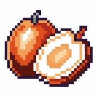 Pixel art apricot fruit retro illustration of whole and halved apricot with seed, isolated on white background vector