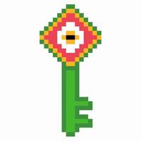 Pixel art green key with colorful diamond head, simple geometric icon, retro gaming style, digital security concept vector