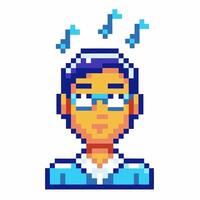 Pixel art thinking man character with glasses, blue hair, confusion, and question marks retro 8 bit emotion concept vector