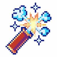 Pixel magic wand with sparkling blue light burst retro gaming fantasy tool, magical energy pixel art icon for enchantment power vector