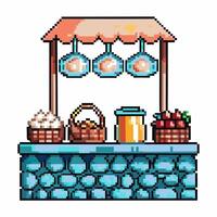 Retro pixel art market stall with stone counter, baskets of produce, lanterns, and goods for sale on white background vector