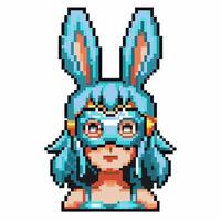 Pixel art female character with blue bunny ears and mask, digital gaming avatar, retro game sprite vector