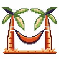 Pixel art tropical palm trees with hammock summer vacation relaxation, retro pixel beach scene, retro island leisure vector