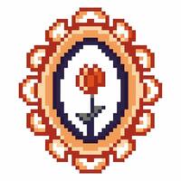 Pixel art floral frame with single red rose, vintage decorative oval border, retro digital flower icon vector