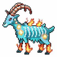 Pixel art fiery skeleton goat monster with blue glowing bones, flames, fantasy creature design, isolated on white vector