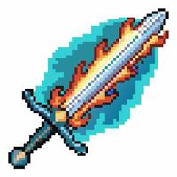 Pixelated flaming sword icon retro fantasy weapon with blue energy aura and fire blade rpg game magic item illustration vector