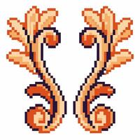 Pixel art ornate floral scrolls symmetrical vintage decorative element, flourish motif, retro baroque embellishment vector