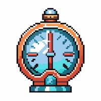Retro pixel art stopwatch with blue face and orange outline digital vintage timer, countdown concept, isolated icon illustration vector