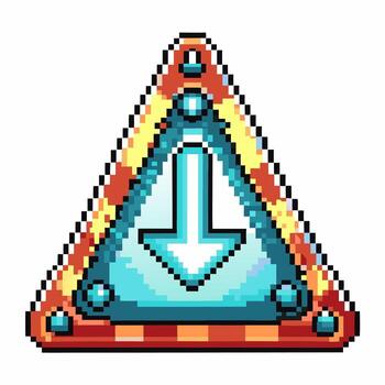 Retro pixel art warning triangle with blue downward arrow, gaming ui element, digital interface, isolated icon vector