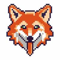 Retro pixel art fox face, orange animal icon with green eyes and expression 8 bit digital wildlife illustration isolated vector