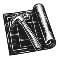 Hammer resting on rolled blueprint black and white construction planning concept, architecture design, building tools illustration vector