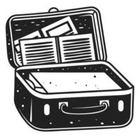 Travel suitcase open with documents and papers inside, vintage hand drawn illustration, adventure preparation concept vector