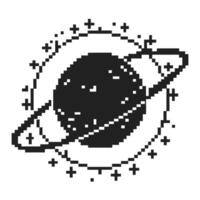 Pixel art illustrated black planet with ring and surrounding stars minimalist retro space design, cosmic fantasy element vector