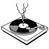 Vinyl record on turntable with stylized broken crack and smoke symbolizing music malfunction or damaged audio concept vector