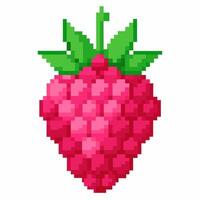 Pixel Art Raspberry Retro 8 Bit Fruit Illustration with Green Leaves vector