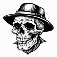 Vintage Skull with Fedora Hat Illustration in Black and White vector