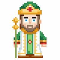 Pixel Art King Cartoon Character Holding Scepter in Medieval Royal Attire vector