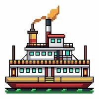 Retro Pixel Art Steamboat on Water with Smoke Stack in Vintage Gaming Style vector