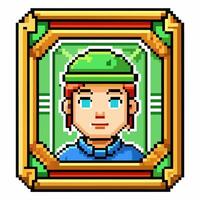 Pixel Art Character Portrait with Green Hat and Blue Shirt Retro 8 Bit Avatar vector