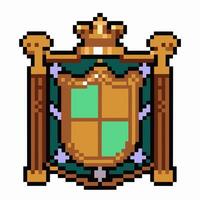 Pixel art royal crest with crown, medieval shield design, vintage emblem, retro gaming style, digital art vector
