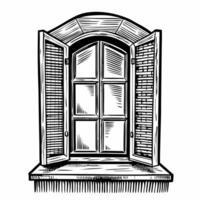 Black and white illustration of an open vintage wooden window with shutters, rustic style, classical architecture, sketch vector