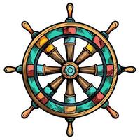 Vintage nautical ship wheel illustration in colorful retro style, maritime navigation, sailor art, design vector