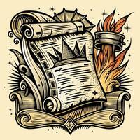 Vintage Scroll and Flame Tattoo Style with Geometric Patterns and Star Accents, Retro Design, Illustration vector