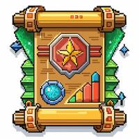 Retro Pixel Art Scroll with Star Badge, Graphs, and Gems, Gaming Icon, Classic Game Design vector
