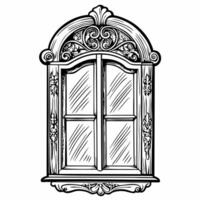Ornate vintage window sketch with detailed wood carvings, classic architecture, artistic line art, home decor vector